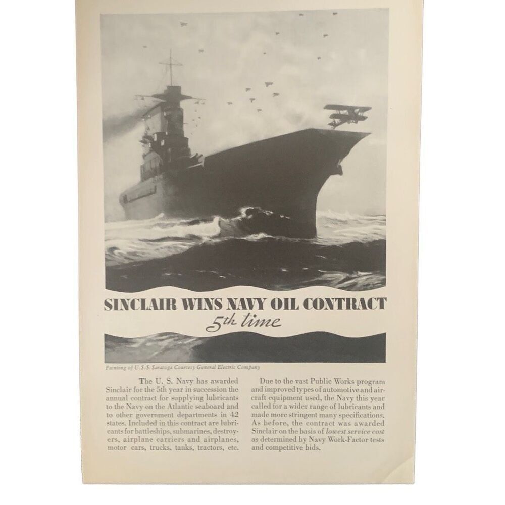 Vintage 1935 Sinclair Oil Wins Navy Contract Ad Advertisement